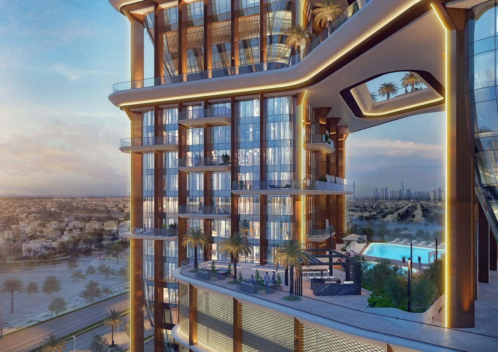 Radiant Bridges Towers podium and high‑rise towers on Al Reem Island Abu Dhabi highlighting retail spaces and contemporary architectural design.